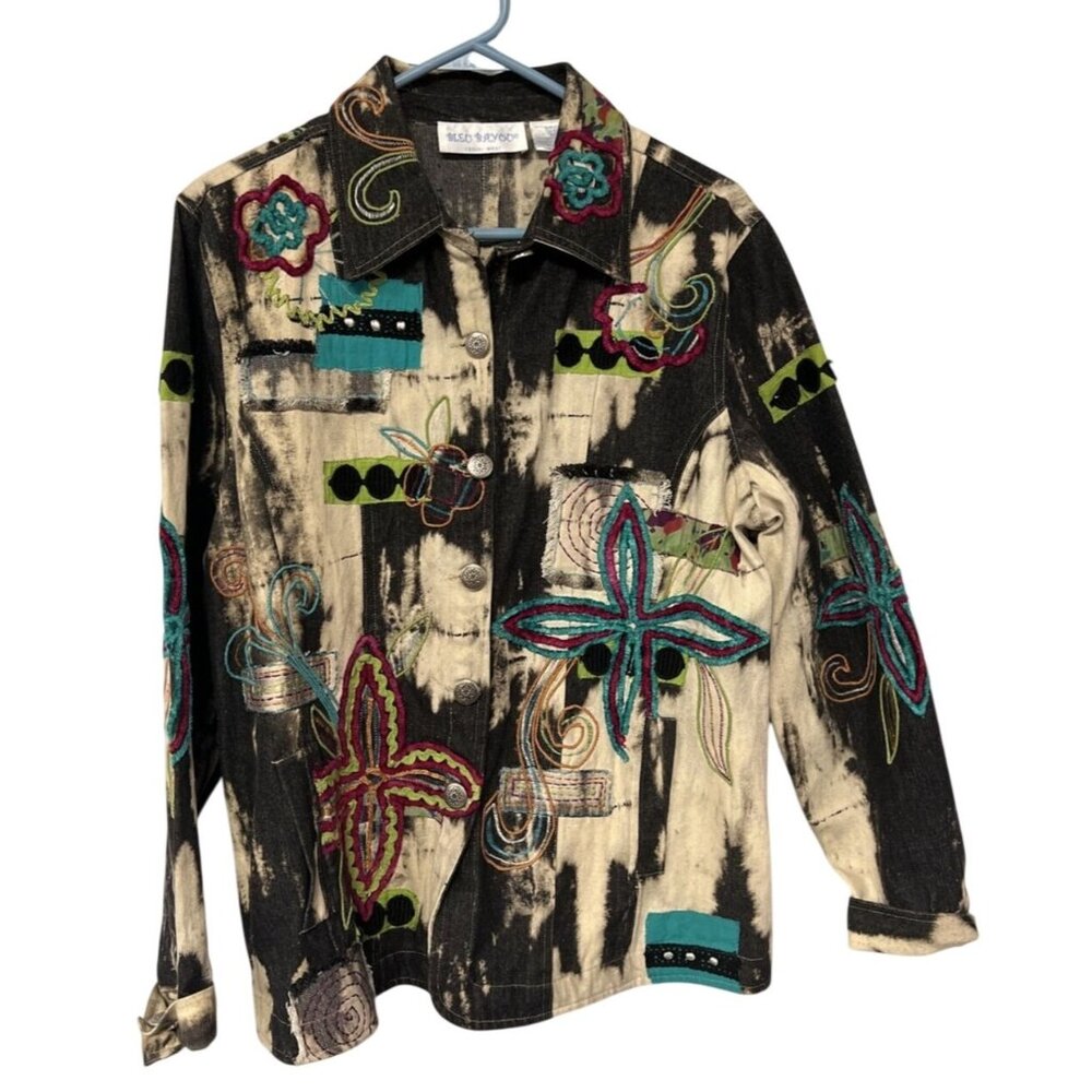 Bleu Bayou Embroidered Jacket Abstract Tie-Dye Button Up Large